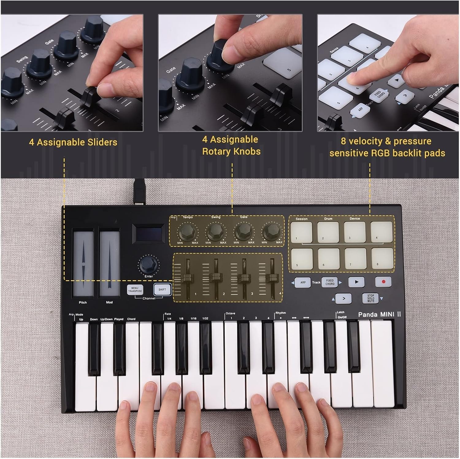 Keyboard Piano 25-Key USB MIDI Keyboard Controller with 8 RGB Backlit Trigger Pads 4 Assignable Control Knobs