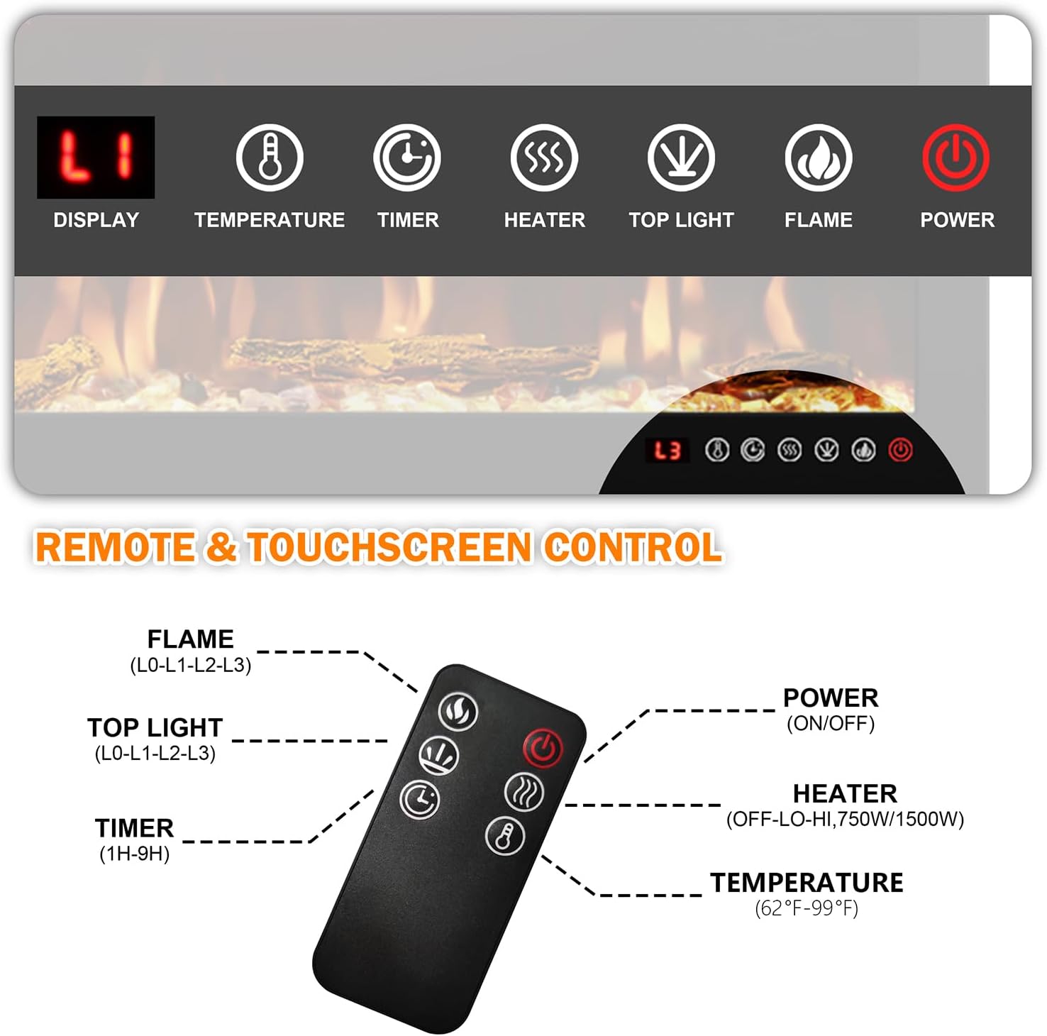 72 inch Electric Fireplace - Ultra Slim Frame - in Wall Recessed & Wall Mounted - Multicolor Flame - Log & Crystal Hearth - 1500/750 Watt Heater - Remote Control & Touch Screen- Timer