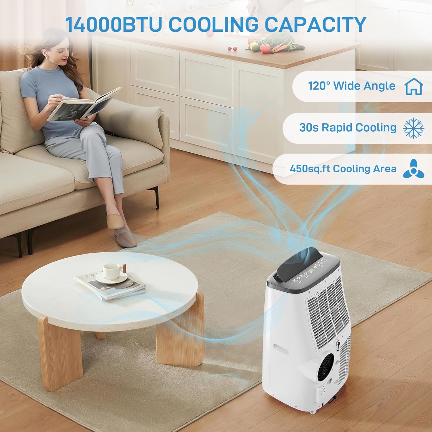 14000 BTU (ASHRAE) / 9300 BTU (DOE) Portable Air Conditioner, Cools 750 Sq.ft. 3-in-1 Mini Standing AC Unit Cool/Fan/Dry, Quiet Operation, LCD Remote, Fast Cooling, Air Purification, White Gray Top