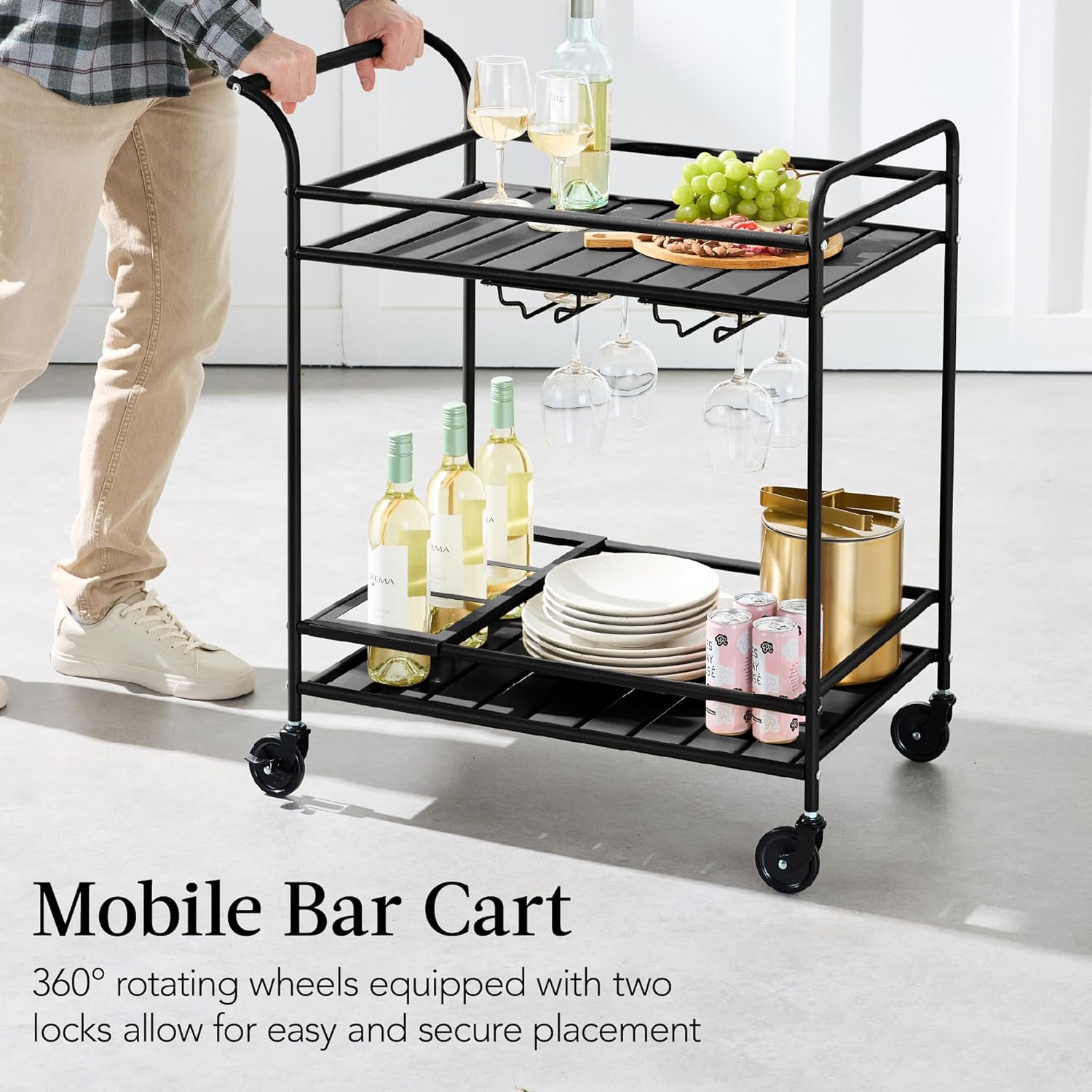 Best Choice Products Rolling Bar Cart, Mobile Home Bar Serving Cart, Serving Station w/ 2 Tier Shelves, Wine Rack, Lockable Wheels - Black