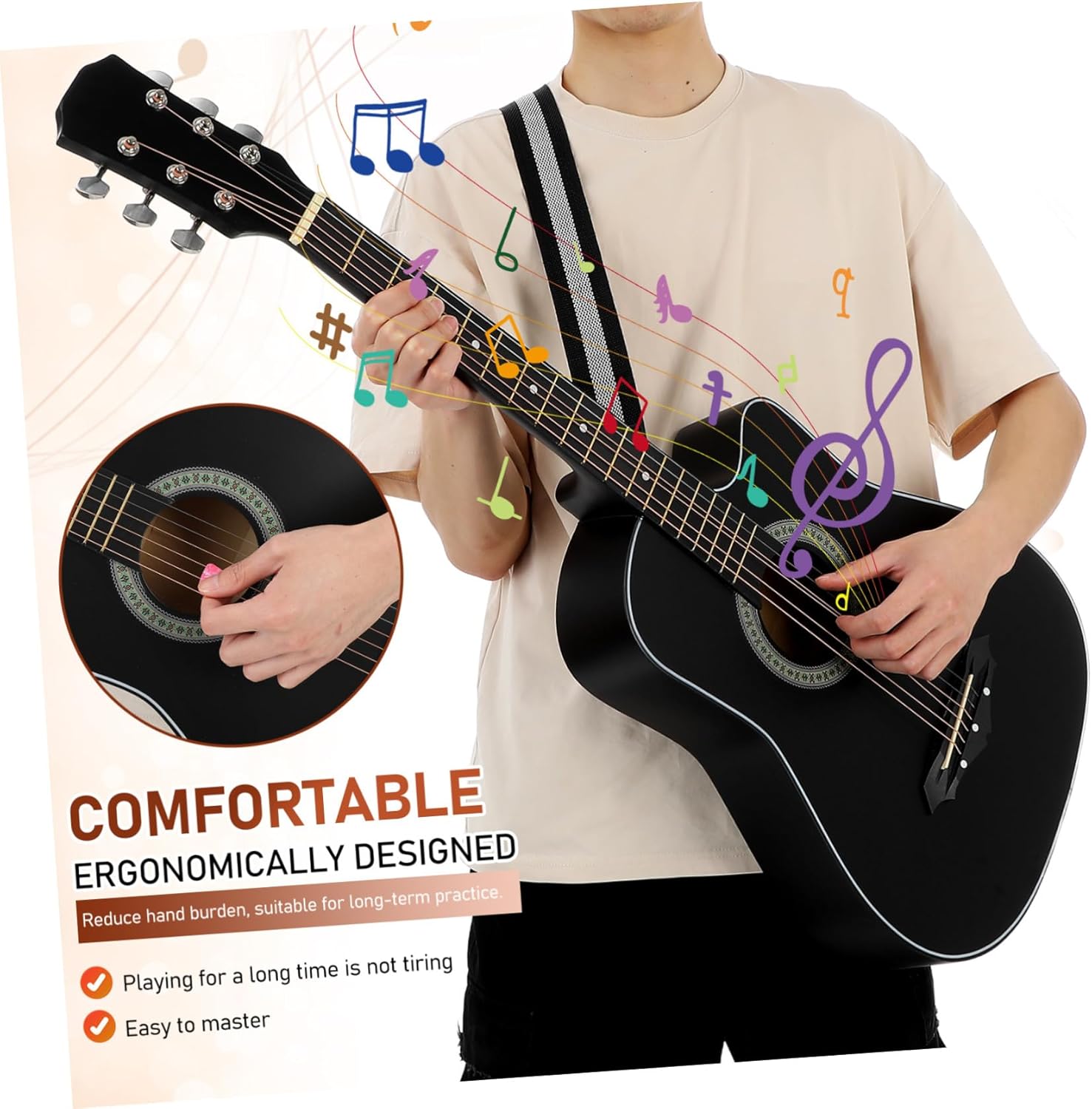 Luxshiny Beginner Acoustic Guitar Kit for Adults Teens with Cutaway Basswood Body Comfortable Ergonomic Design Tone Complete Starter Including Bag Strap Tuner Picks and Pickguard for