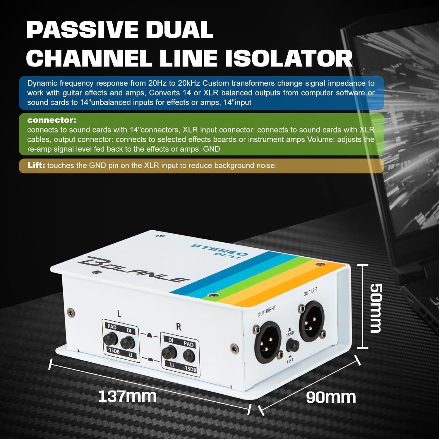 Bolanle Passive Dual Channel Direct Box and Line Isolator DI/LI Switch, Stereo/Mono DI Box for Guitar, Bass, Keyboard, Studio/Stage XLR