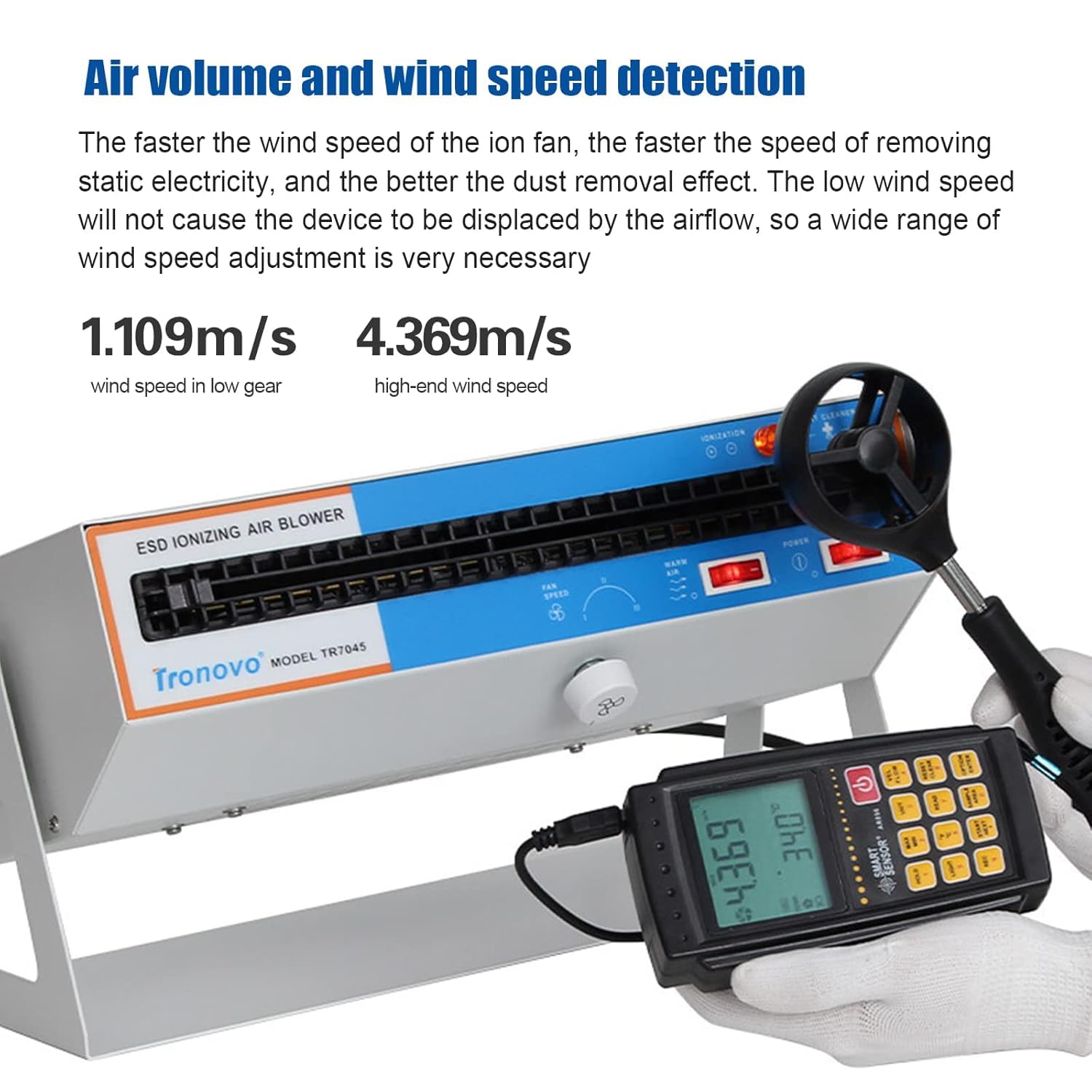 Anti-Static Ion Fan with Adjustable Airflow, Warm Air and Self-Cleaning Brush for Static Electricity Elimination in Electronic Production Lines and Maintenance Stations