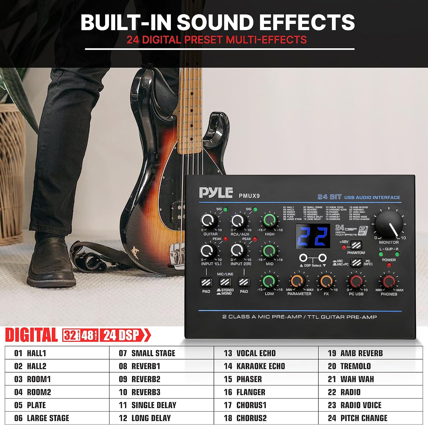Pyle USB Audio Interface - MIC/LINE - Guitar - AUX Stereo & RCA Inputs - Preset 24 Digital Effects - Phantom Power - Phone/Stereo/Monitor/Headphone Outputs - For Computer Playing & Recording - PMUX9