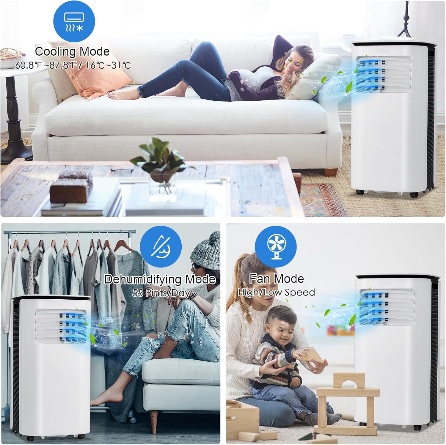 PETSITE Portable Air Conditioner 9000 BTU, 3 in 1 AC Cooling Unit with Air Cooler, Fan & Dehumidifier, LED Display & Remote Control, Cools up to 350 sq.ft