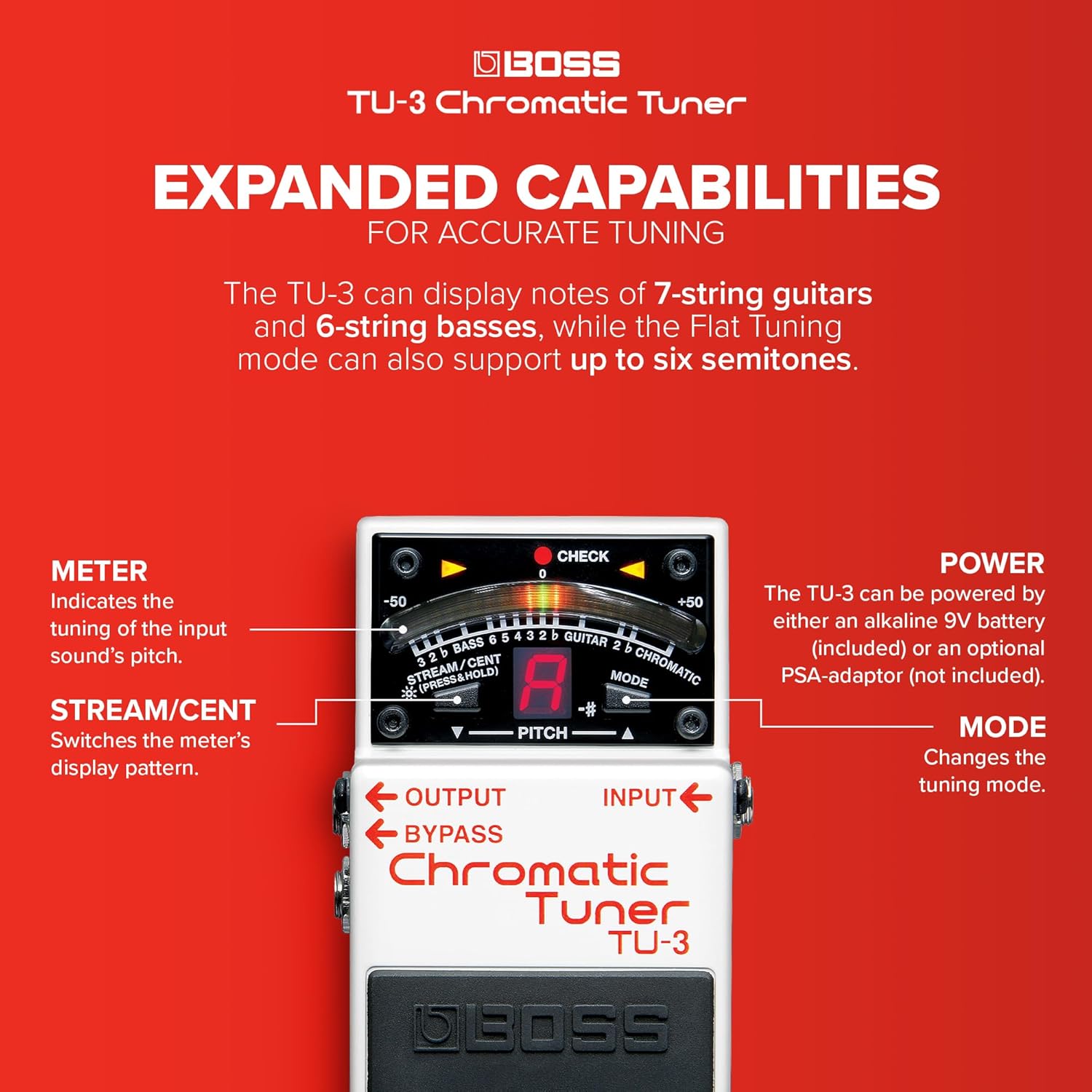BOSS TU-3 Chromatic Floor Tuner for Guitar and Bass | Industry-Standard Performance | Tank-Tough BOSS Stompbox Body | 21-Segment LED Meter | Accurate to +/- One Cent | Accu-Pitch Sign Function