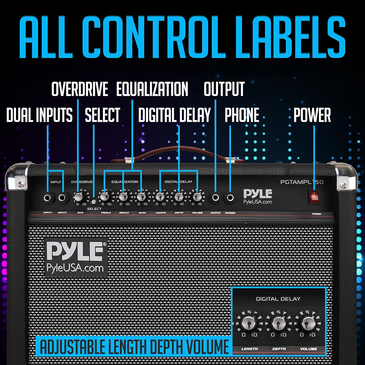 PyleUsa Portable Electric Guitar Amplifier,40 Watt Power,Two 6” & 8” High-Definition Speaker Cones, Bass, Dual Inputs, Overdrive,Digital Delay, Amp Control Volume, EQ for Beginner and Advance Practice