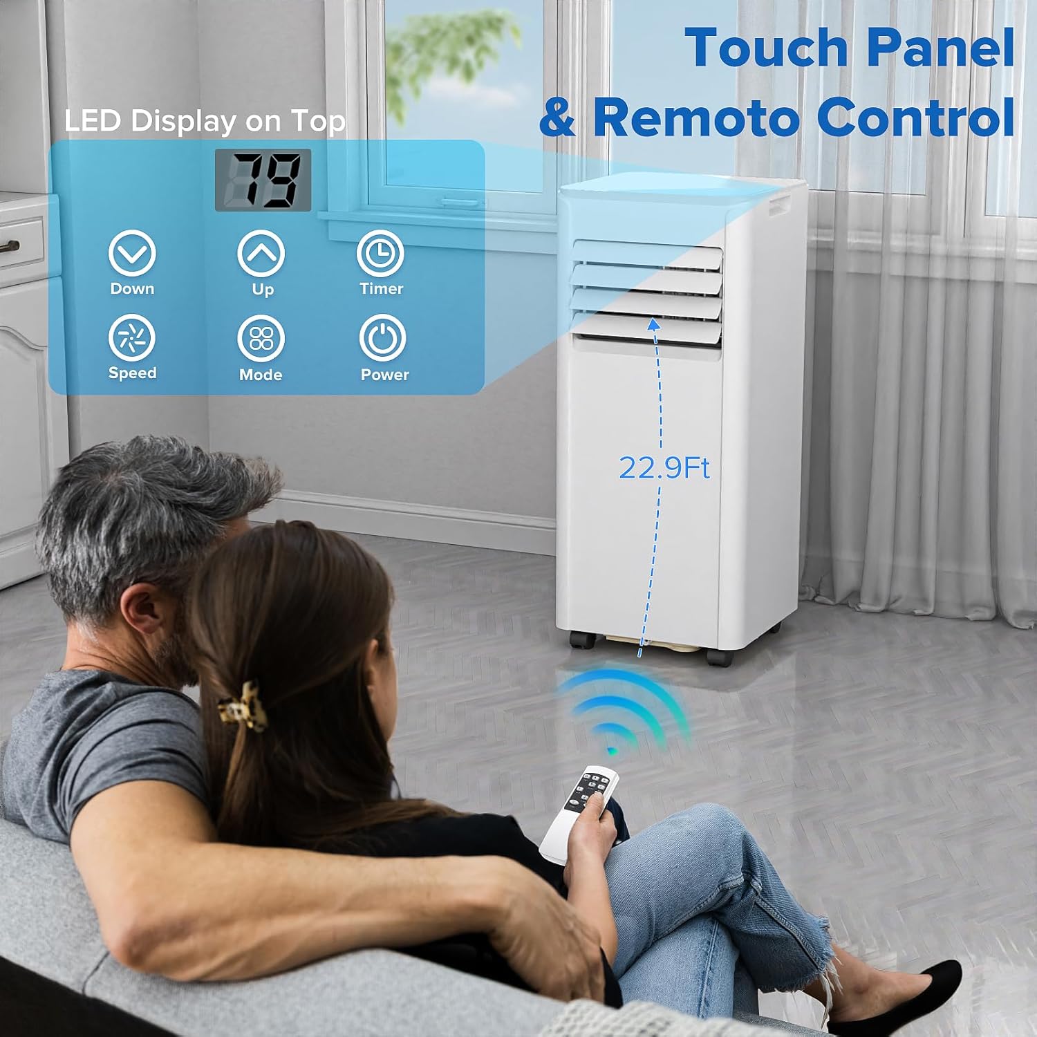 ZAFRO 8000 BTU Portable Air Conditioner Cools up to 350 Sq. Ft., Remote Control, LED Display, 3-in-1 Modes Portable AC Units with Window Kits for Bedroom, Home, Dorm, Office, White