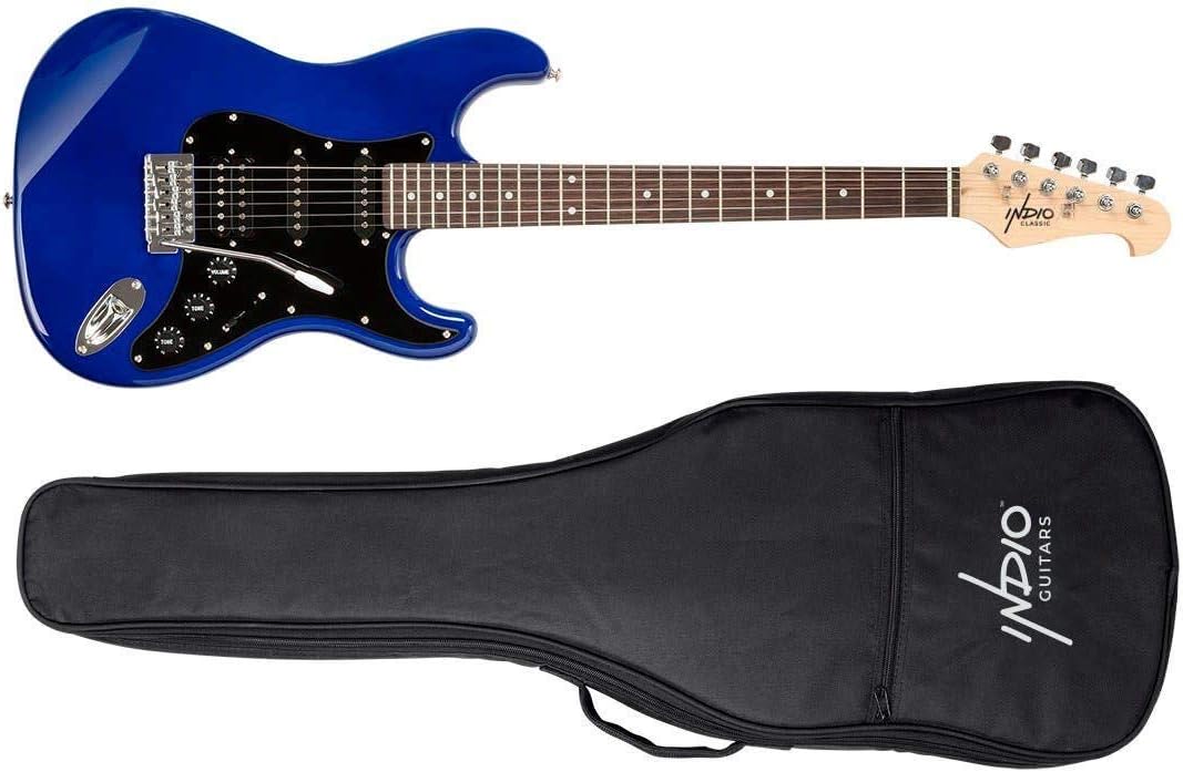 Monoprice Indio Series, 6-String Cali Classic HSS Electric Guitar - Right Handed, With Gig Bag, Dual-Coil Humbucking Pickup, Double-Cutaway Solid Body, Blue