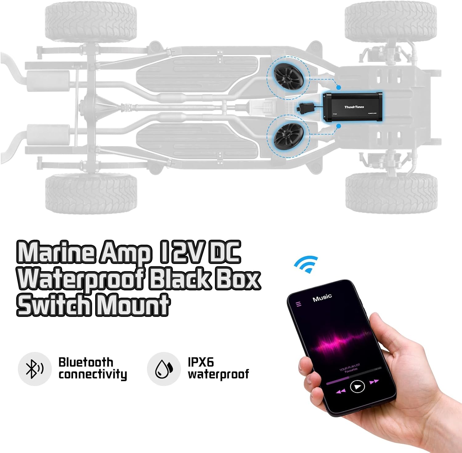 Marine Powersport Bluetooth Amplifier Audio System with 2pcs Black Speakers, Class D 60W x 4 CH, Switch Mount, Suitable for Motorcycle, UTV, ATV, Boat