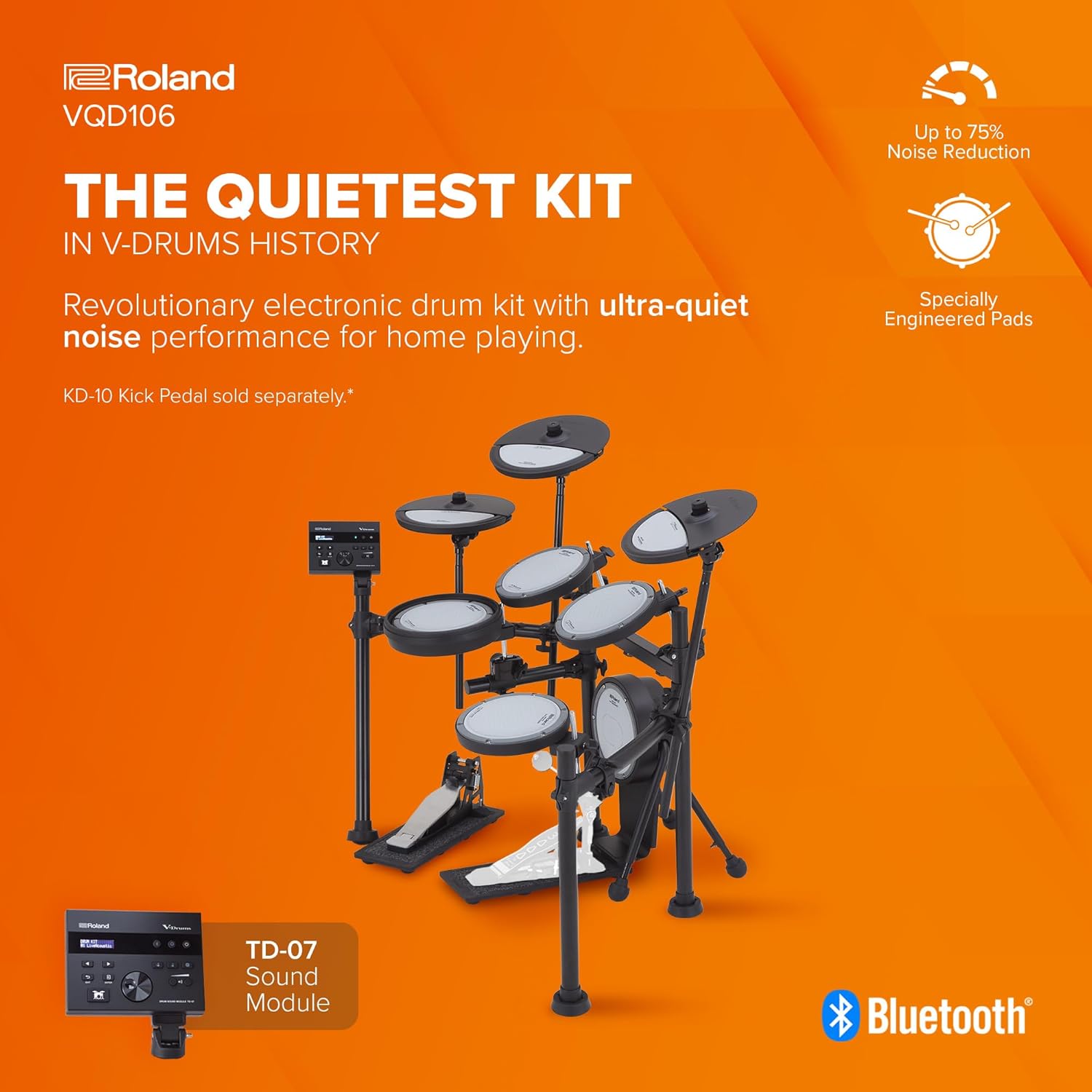 Roland VQD106 V-Drums | Revolutionary 5-Piece Electronic Quiet Design Drum Kit | Perfect for Home Practice | Up To 75% Noise Reduced Pads | TD-07 Sound Module | Bluetooth Connectivity