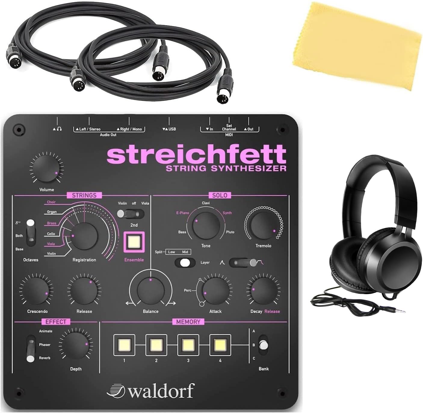 Waldorf Streichfett String Synthesizer Bundle with Headphones, MIDI Cable, and Austin Bazaar Polishing Cloth