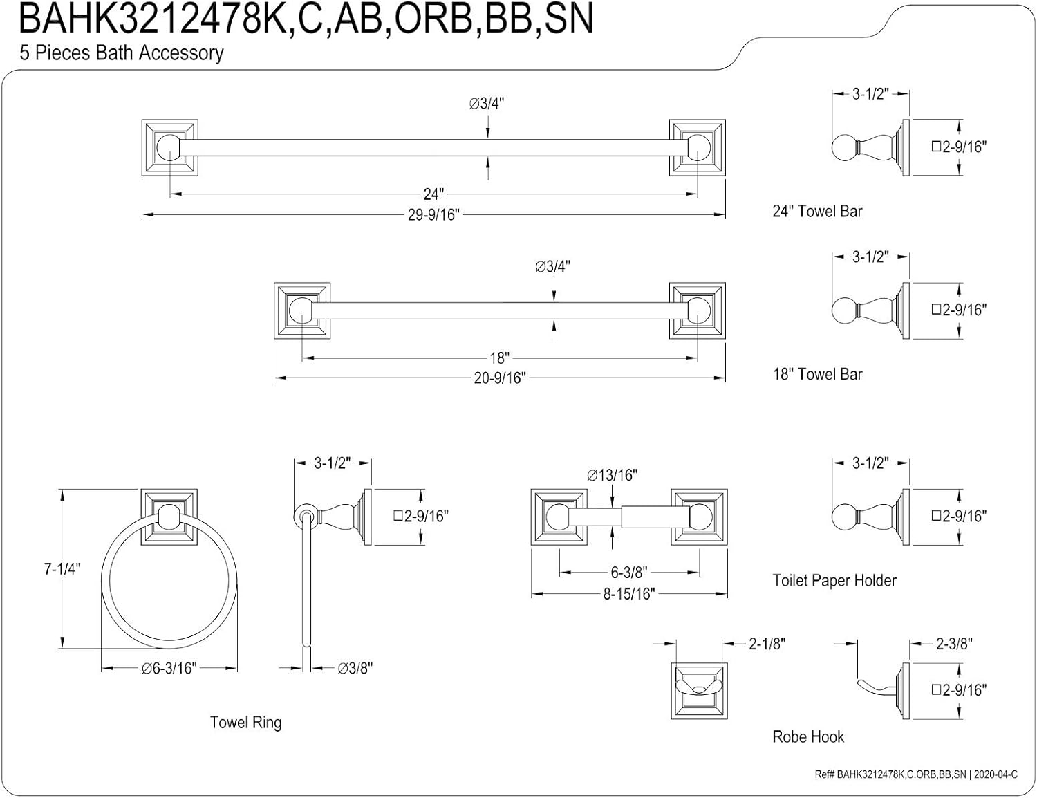 Kingston Brass BAHK3212478SN Serano 5-Piece 18-Inch and 24-Inch Towel Bars Bathroom Accessory Set in Brushed Nickel