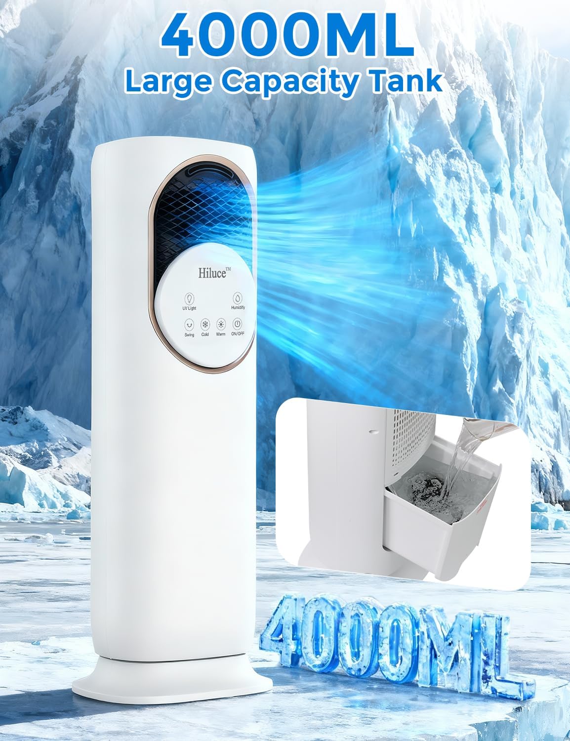 Hiluce Tower Fan and Heater Combo,Room Heater with Remote,26ft/s Quiet Bladeless Fans,180°Oscillating,2 Heating & 3 Cooling Speed, 4L Water Tank, 9H Timer, for Office, Large Room, Bedroom 32