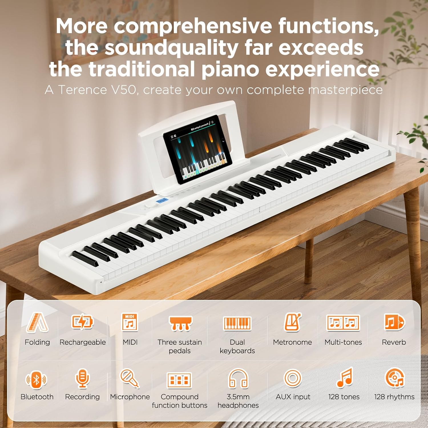 TERENCE Piano Keyboard 88 Key Weighted Key Digital Piano 30W Speaker Bluetooth MIDI Touch Sensitive Panel Portable Keyboard Piano for Beginners Adults Practice Gift for Christmas birthdays V50 White