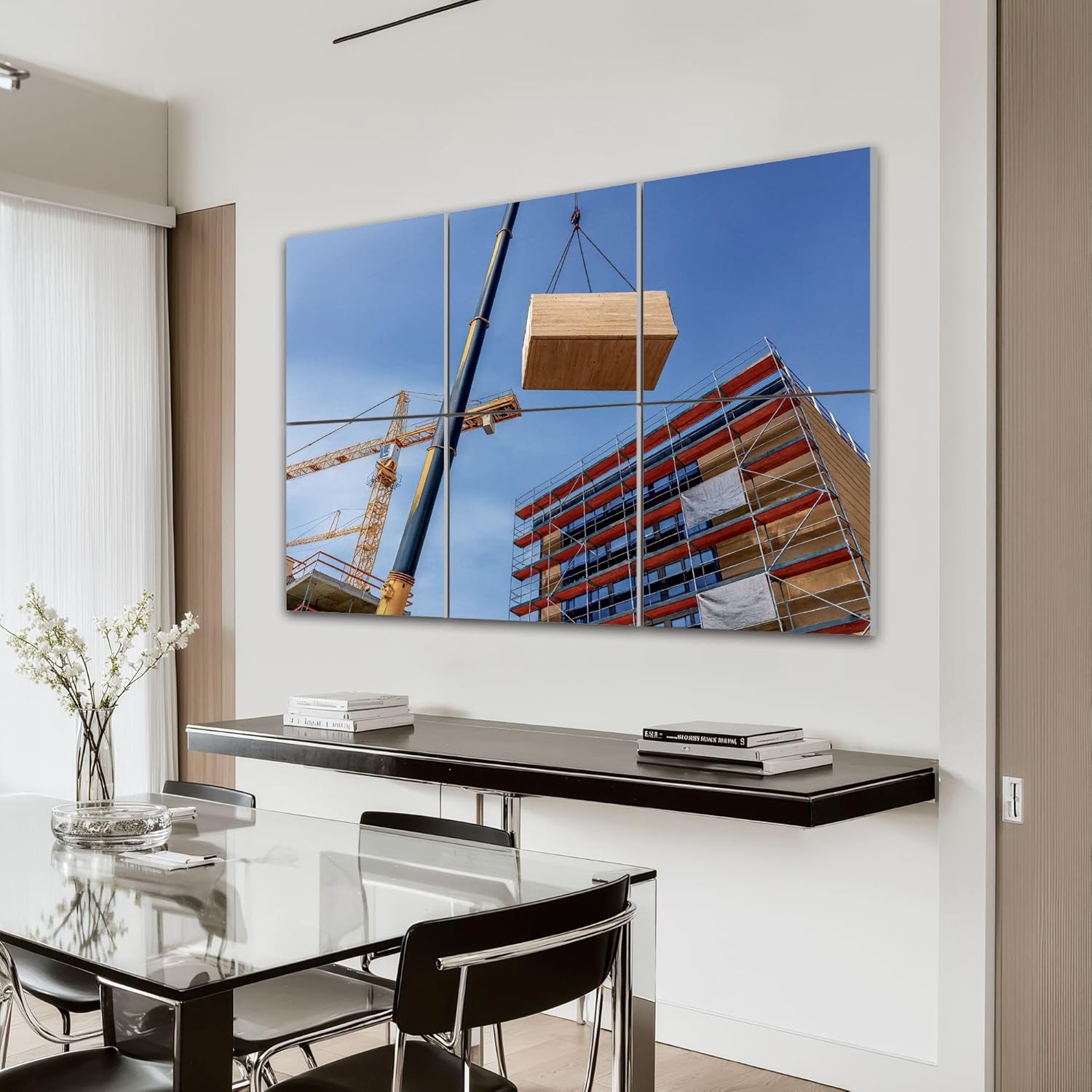 6 Pack Art Acoustic Panels Self Adhesive Crane lifting prefabricated wooden building module to its position Decorative Soundproof Wall Panels Sound Absorbing Panel 48