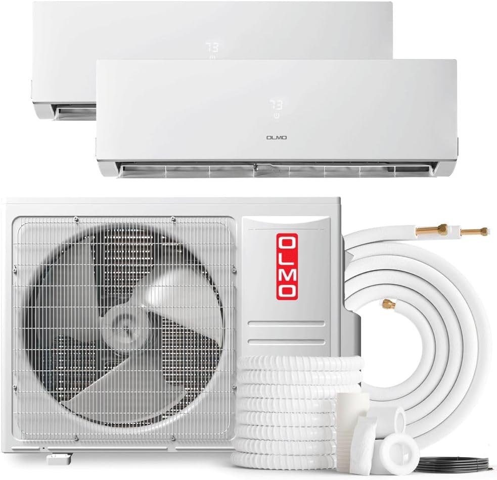 OLMO 18,000 BTU Dual Zone 12000 + 12000 BTU Wall Mount Ductless Mini Split A/C and Heater with 16ft Installation Kits