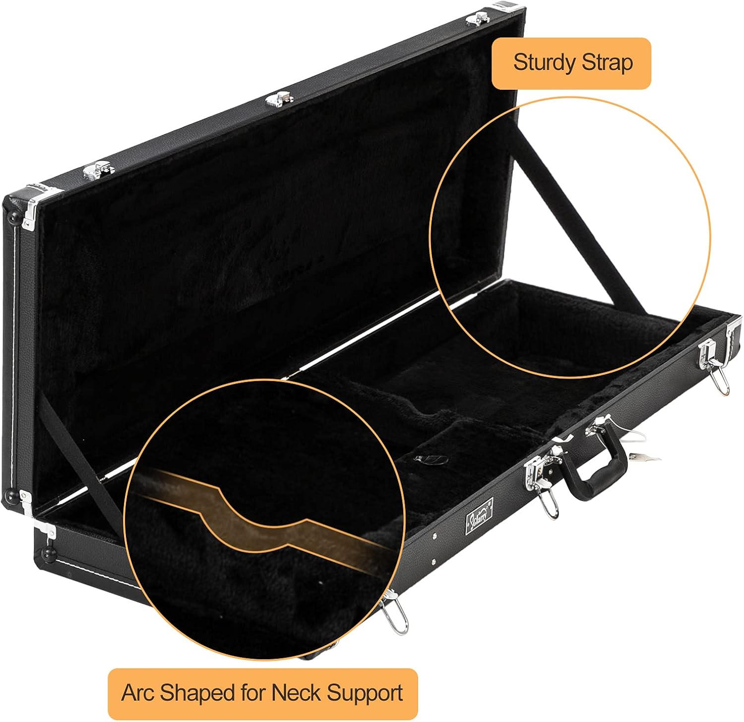 Glarry ST Deluxe Electric Guitar Hard Shell Case Portable Square Guitar Case Microgroove Flat With Extra Neck & Bridge Padding (Black)