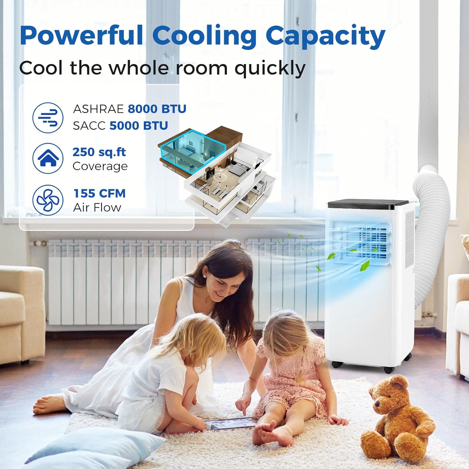 KOTEK Portable Air Conditioners, Cools up to 250 Sq.Ft, 4-in-1 AC Unit for Bedroom with Auto Mode, Dehumidifier, Child Lock & Installation Kit, Room Air Conditioner Portable for Home Office (8000BTU)