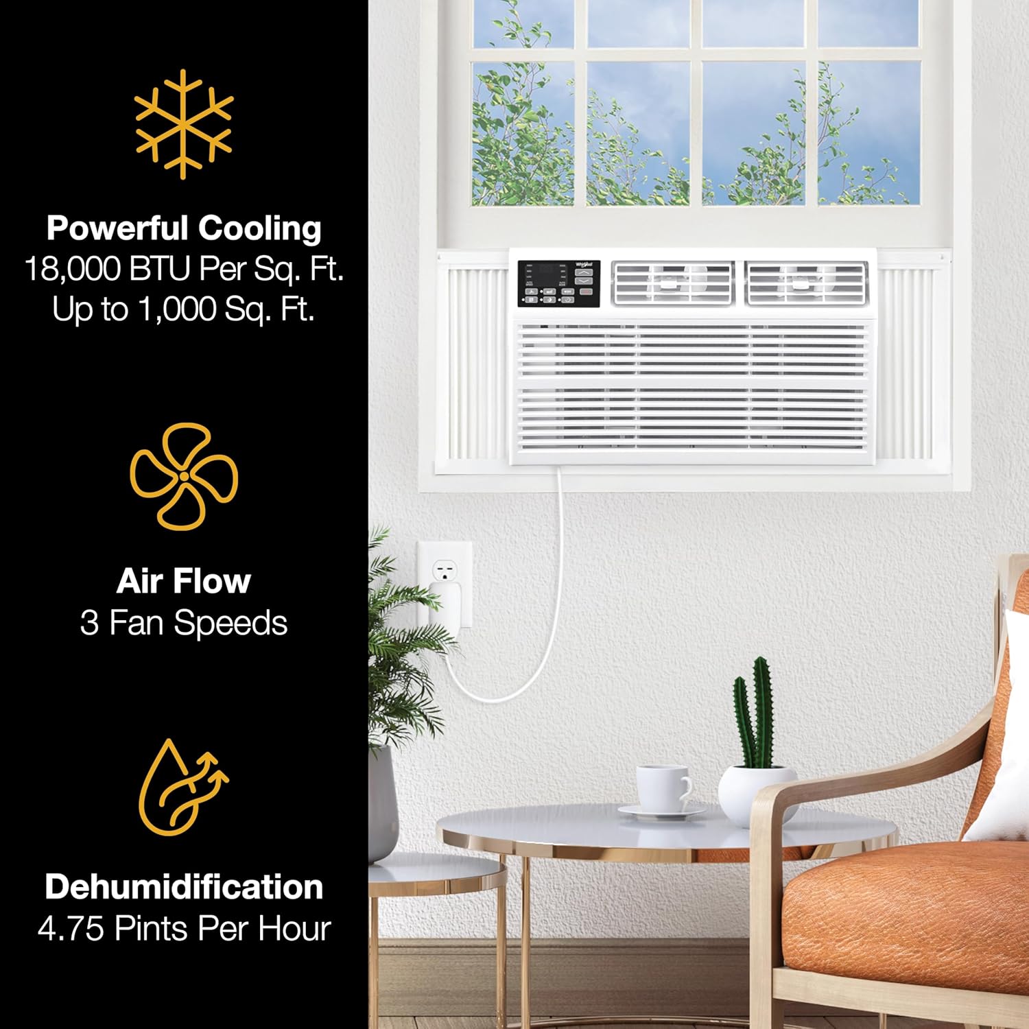 Whirlpool 18,000 BTU Window Air Conditioner with Dehumidifier, 230V, Window AC for Large Rooms up to 1000 Sq. Ft., Bedroom, Living Room, Apartment, with Remote, 3 Speeds, and 24H Timer, White