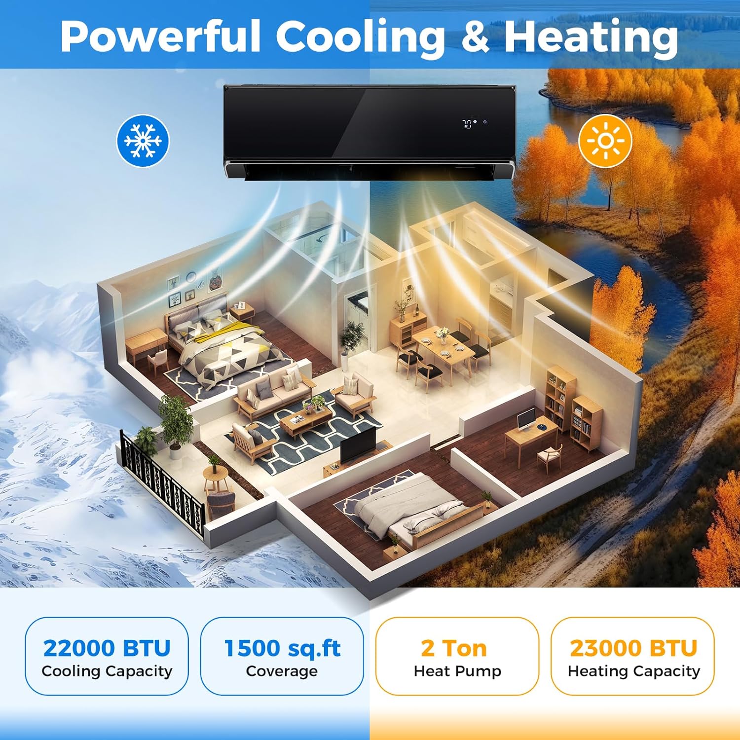 ARLIME 22000 BTU Wifi Enabled Mini Split Air Conditioner & Heater, 21 SEER2 208-230V Inverter AC Unit Cools Rooms up to 1500 Sq. Ft., Energy Efficient Split Wall AC w/Heat Pump & Installation Kit