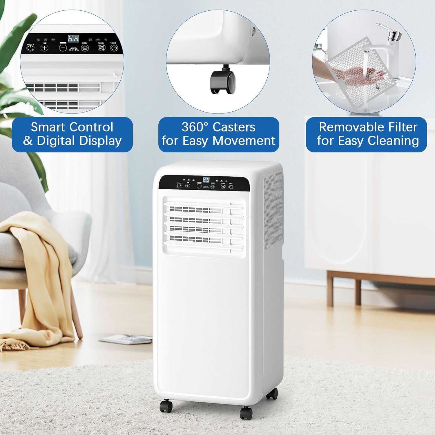 8000BTU Portable Air Conditioners With Fan & Dehumidifier, DollarDash 3-IN-1 Quiet Free Stand Portable AC Unit Cools Up to 400 Sq.Ft for Rooms, Apartments, Office