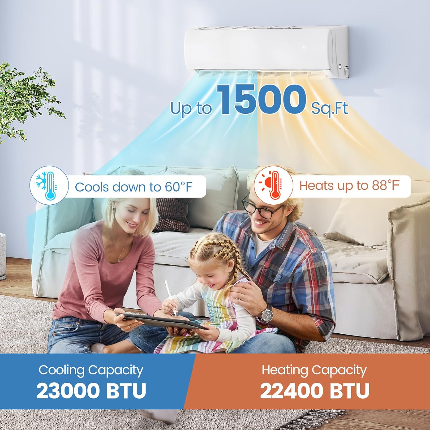 ARLIME 23000 BTU Mini Split AC, Wifi Enabled Air Conditioner with Inverter & Heat Pump, Works with Alexa, Energy-saving Quiet Ductless Wall AC Unit with Installation Kit, 17 SEER2 (23000BTU 208~230V)