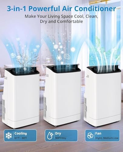 14000 BTU Portable Air Conditioner - 4 in-1 Cooling, Dehumidifier, Fan & Sleep Mode, Quiet AC Unit for Rooms up to 750 Sq.Ft, 24H Timer, Remote & Window Kit Included, Black Top Cover