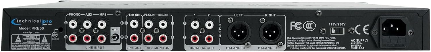 Technical Pro PRE50 2-Channel Rechargeable Pre-Amplifier Pre-Amp w/USB/SD Preamp