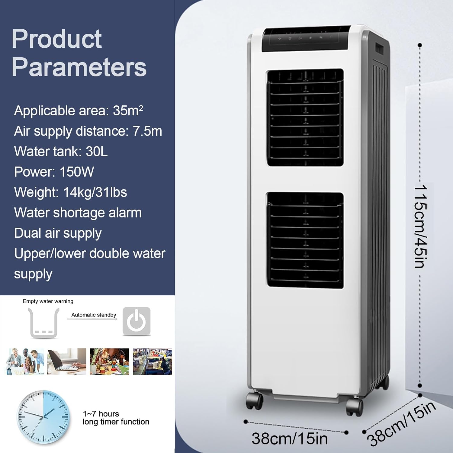 Industrial Air Conditioning Unit Portable Air Cooler, 4 Wheels, 30L Water Tank, 3 in 1 Mobile Air Conditioners, Cooling Fan and Dehumidifier for Home/Office(Large)