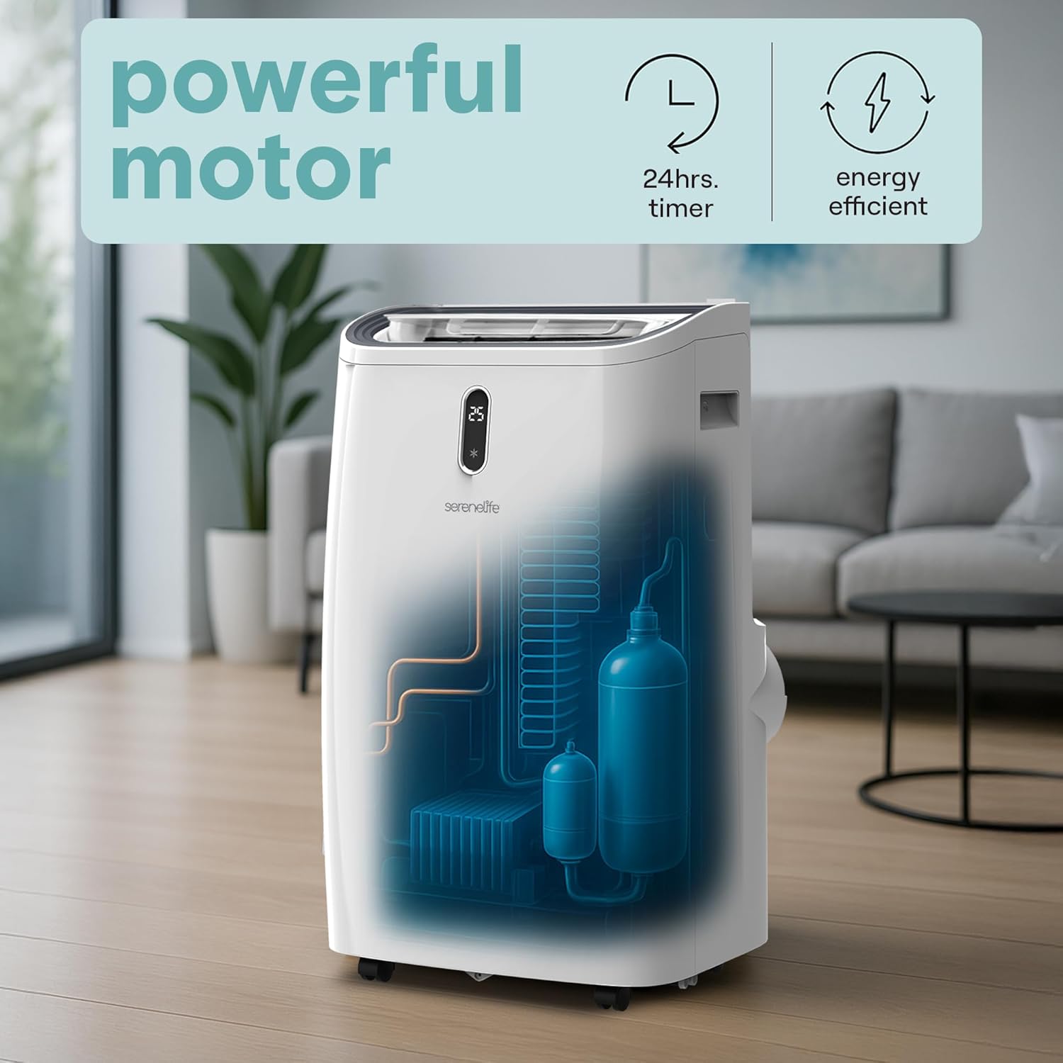 SereneLife 12,000 BTU Portable Air Conditioner - Compact Room Air Conditioner with Dehumidifier & Fan, Mini AC Unit for Rooms Up to 550 Sq. Ft., Window Kit Included, Rolling Wheels, Black