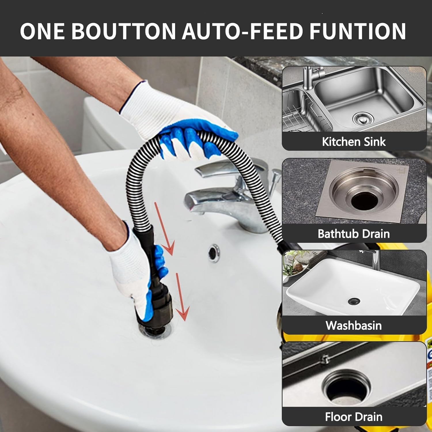 Electric Drain Cleaner Machine 30Ft - Auto-feed with foot switch and directional rocker, efficient for 3/4-2in pipes, 30ft anti-twist piano wire cable, lightweight closed drum, dual hoses