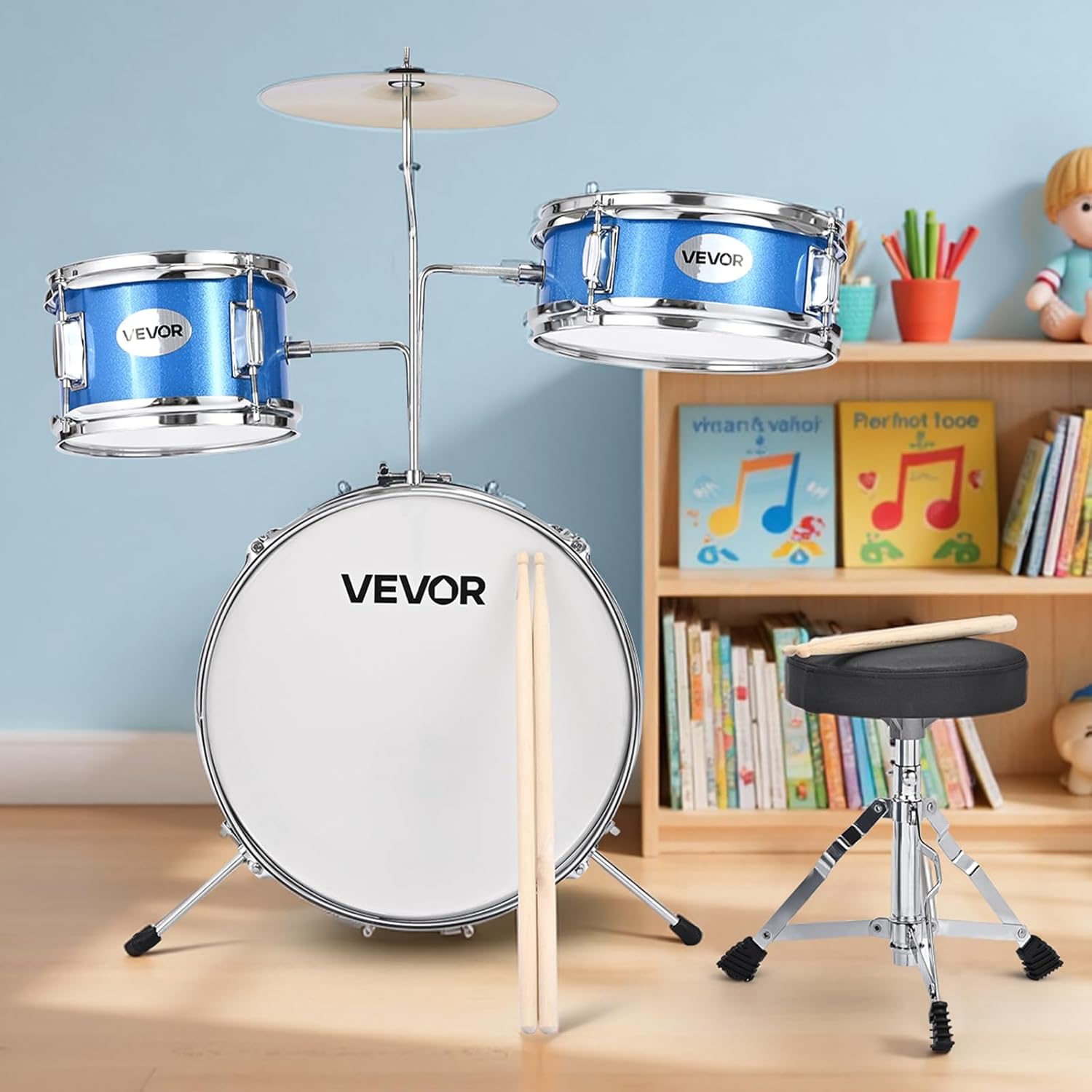 VEVOR Kids Drum Set, 3-Piece 14 in Junior Drum Sets, Beginner Drums Set with Adjustable Throne, Cymbal & 4pcs Drumsticks, Musical Learning Drums Instruments Kit, for Children Ages 6-13, Sky Blue