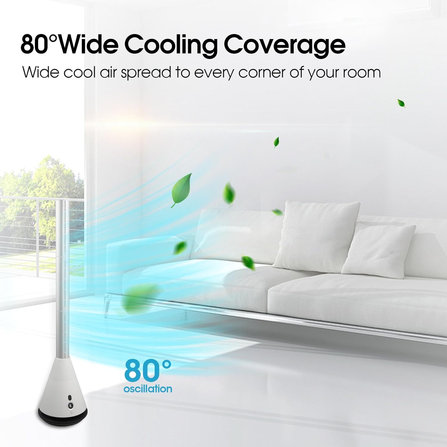 Bladeless Tower Fan with 9 Speeds, 80° Wide Oscillating Cooling Fan, Electric Standing Floor Fan with 8H Timer, Space-Saving Design for Bedroom Office