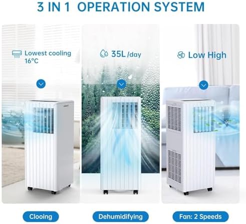Portable Air Conditioner with 8,000 BTU Cooling Power – 3 Modes (Cool, Dehumidify, Fan) for Rooms Up to 350 Sq.Ft, Includes Remote, 24H Timer & Easy-Install Window Kit