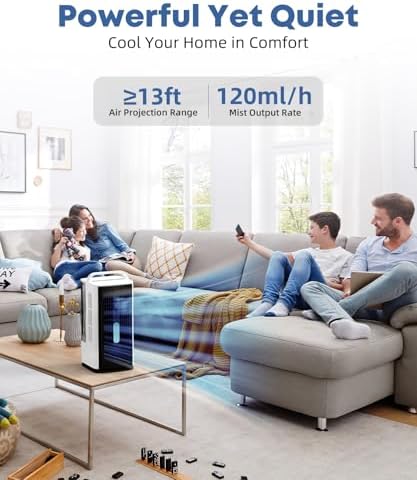 Portable Air Conditioner with Remote Control, 1700ml Evaporative Cooler with 7 Color LED Lights, 120° Oscillating Mini Air Conditioner with 3 Speeds & 7H Timer for Bedroom, Office Indoor Use