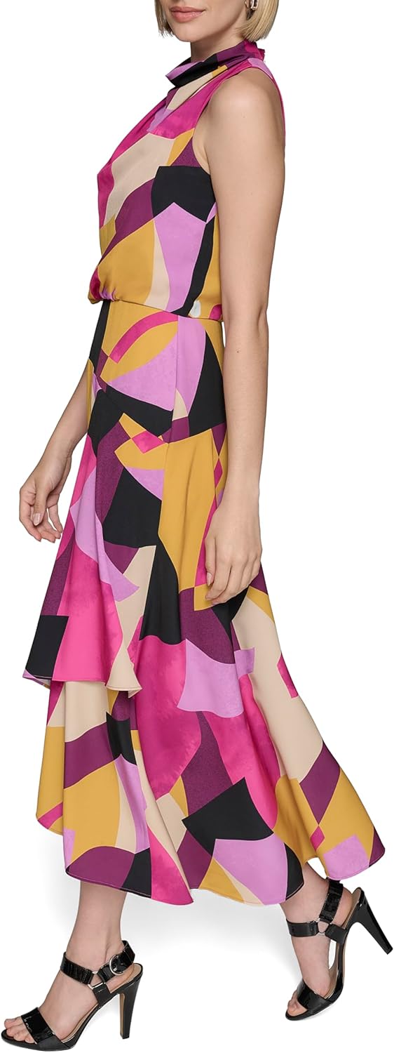 KARL LAGERFELD Womens Halter Neck Silky Crepe Colorful Geo Print Midi Dress