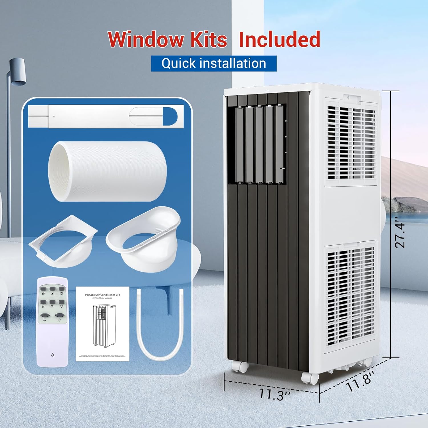 8000BTU Portable Air Conditioner New Model, Efficient Cooling for Small to Medium Rooms, Compact and Lightweight Design, Easy to Move with Wheels, Quiet Operation, Includes Window Venting Kit for Quic
