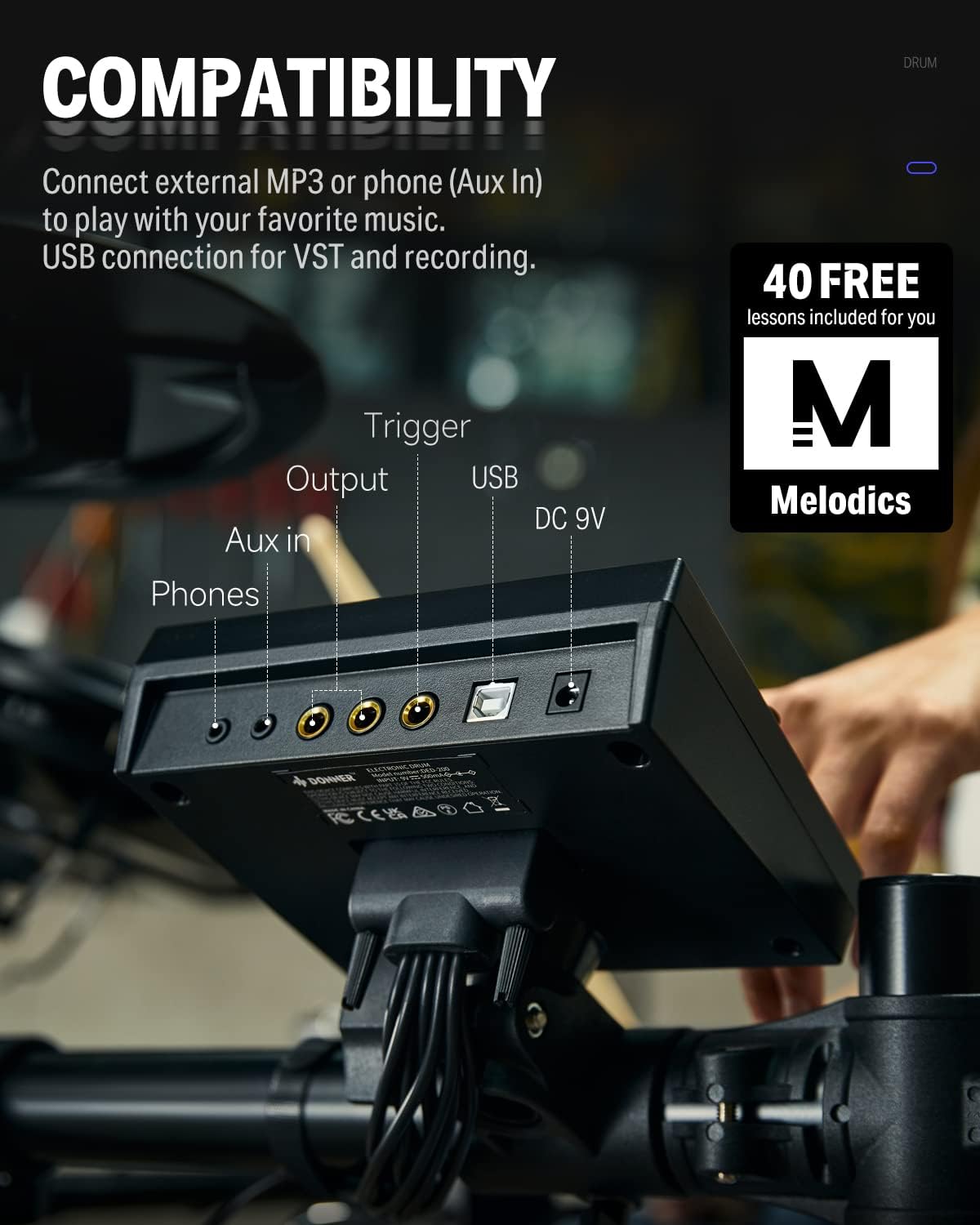 Donner DED-200 Electric Drum Sets with Quiet Mesh Drum Pads, 2 Cymbals w/Choke, 31 Kits and 450+ Sounds, Throne, Headphones, Sticks, USB MIDI, Melodics Lessons (5 Pads, 3 Cymbals)