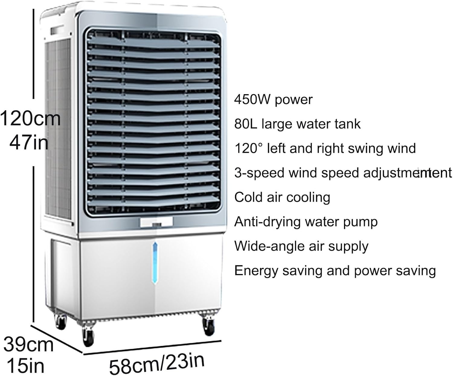 4 in 1 Evaporative Air Cooler, Swamp Cooler Air Conditioner with 3-Speed, Industrial Air Conditioning Fan with 80L Large Water Tank, 120° Oscillation, for Yard, Porch, Factory, Office, Commercial