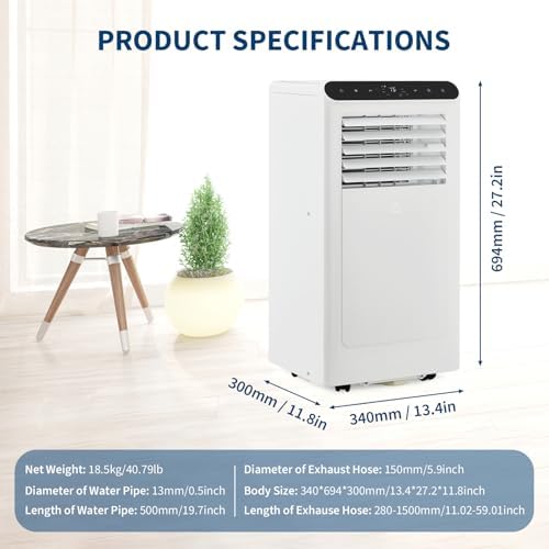 8000 BTU Portable Air Conditioner with Remote Control - 3-In-1 Quiet AC Unit, Dehumidifier & Fan for 350 Sq.Ft Rooms. Includes Window Kit, 24H Timer & Sleep Mode