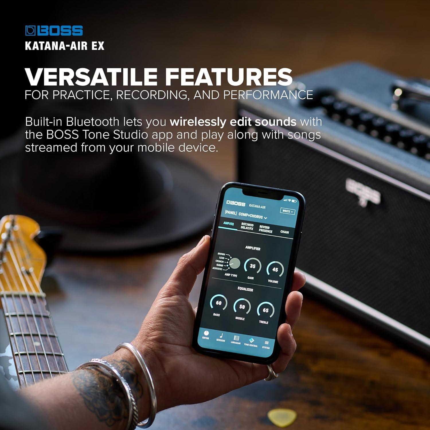 BOSS Katana-Air EX | Powerful Wireless Desktop Amplifier for Guitar, Bass & Acoustic-Electric Guitar & Bass | Stereo Sound with Dual Five-Inch Speakers | 5 Amp Characters | Premium Amps & Effects