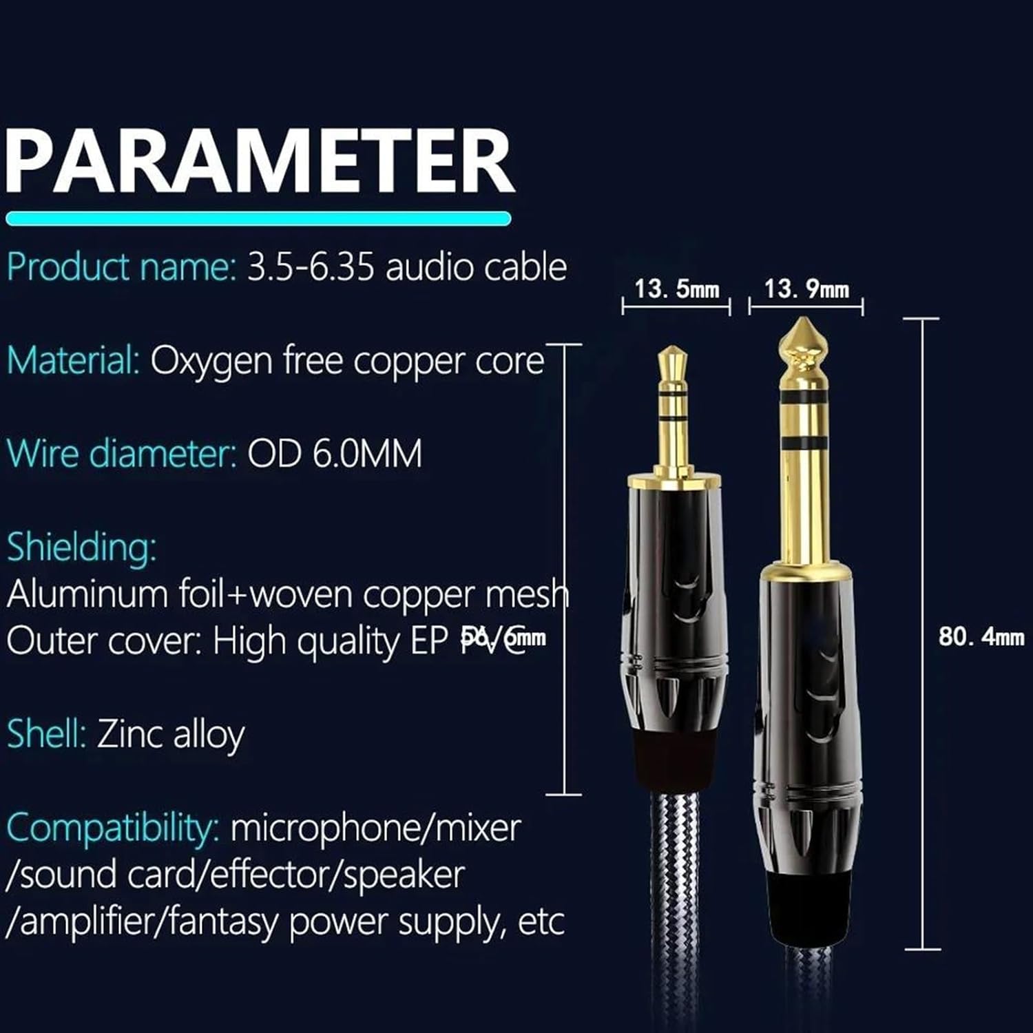 Pro Audio Cable 3.5 to 6.35 Stereo Cable 1/8 Inch Male TRS to 1/4 Inch Male TRS Cord for Guitar Amplifier Flow in Either Direction(10m)