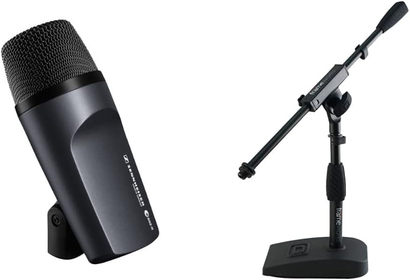 Sennheiser e602 II Evolution Series Dynamic Bass-Drum Microphone & Gator Frameworks Short Weighted Base Microphone Stand with Soft Grip Twist Clutch, Boom arm, and Both 3/8