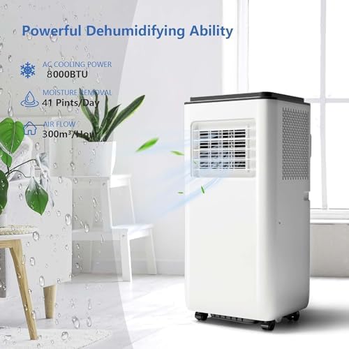Portable Air Conditioner, 8000 BTU Air Conditioner with Remote Control,Quiet AC Unit with Cool, Dehumidifier & Fan Mode, 24 Hour Timer, Room Cooling Up to 350 sq ft
