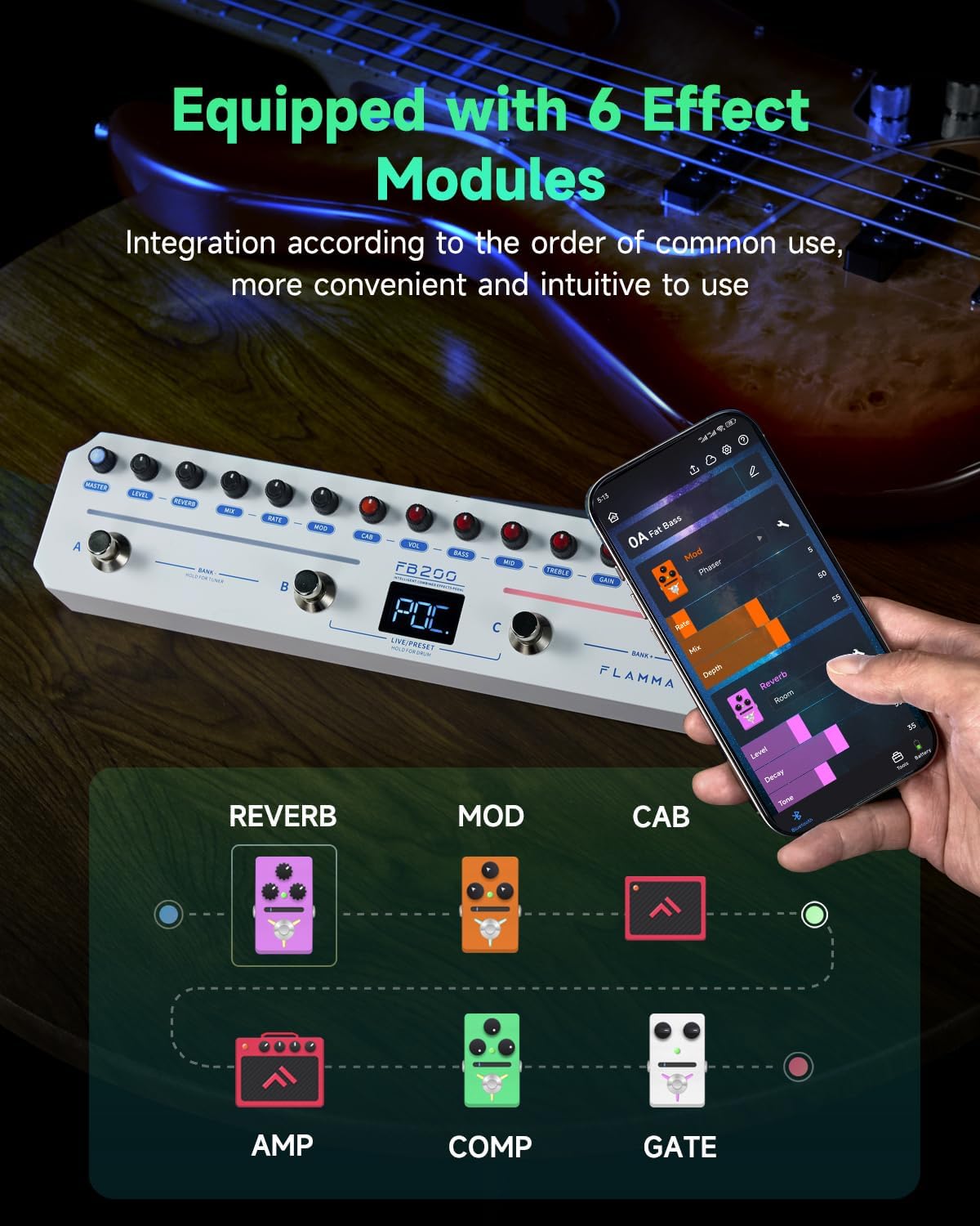 FLAMMA FB200 Bass Multi-Effects Pedal Intelligent Processor with 10 Bass-specific AMP models 10 CAB Sim 9 IR Slots 40 Drum Rhythm 40 Presets 5 Mod 5 Reverb Tuner APP Control Headphone Output