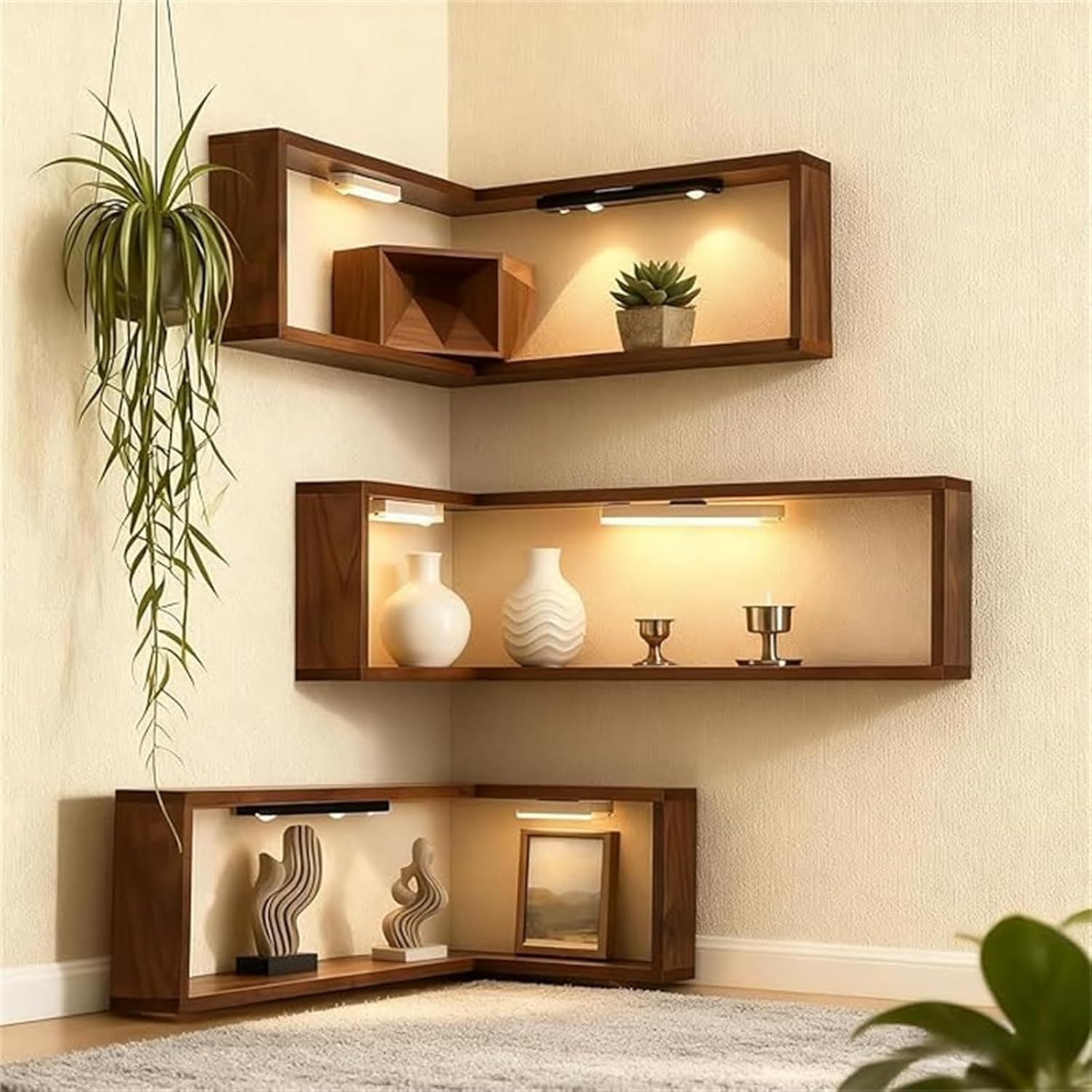Smart Corner Shelves That Light up Your Space,Illuminated Wooden Wall-Mounted Display Rack,Corner Wall Floating Storage Shelves with Light,Space-Saving for Living Room,Bedroom (Without Light)