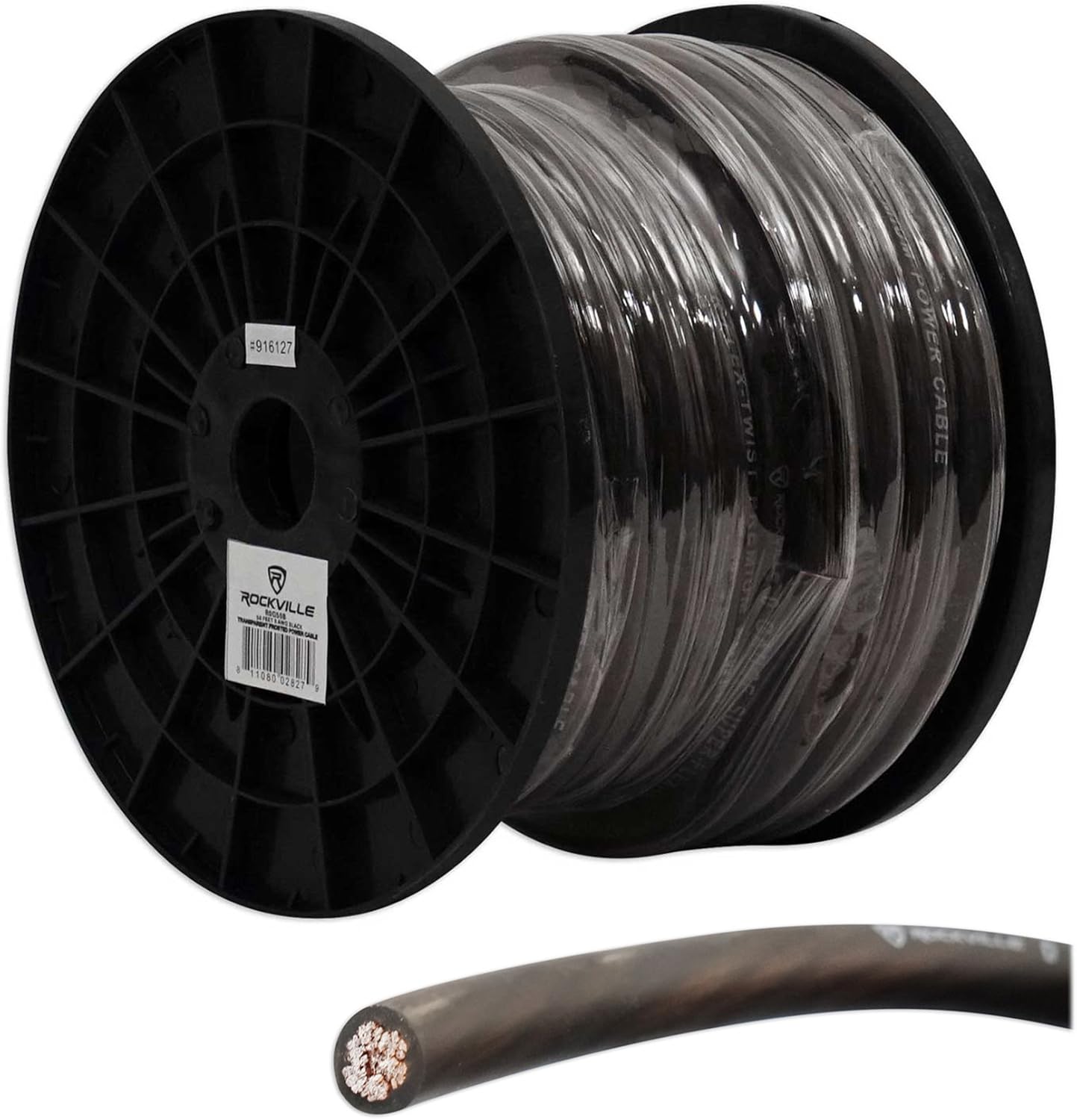 Rockville R0G50BLACK 0 Gauge 50 Ft Power and Ground Wire Cable, Flexible PVC Jacket, High-Strand Count, Durable Black Spool for Car Audio Amplifiers and Subwoofers