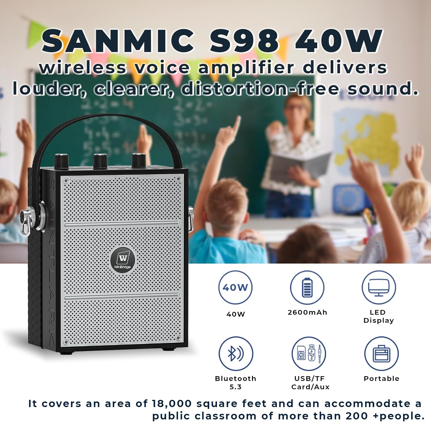 Bluetooth 5.3 Voice Amplifier with Wireless Microphone Headset,Personal Wireless Amplifier Mic for Teachers,40W Loudly Portable Megaphone Pa System for Classrooms,Speeches,Outdoors Indoors-S98