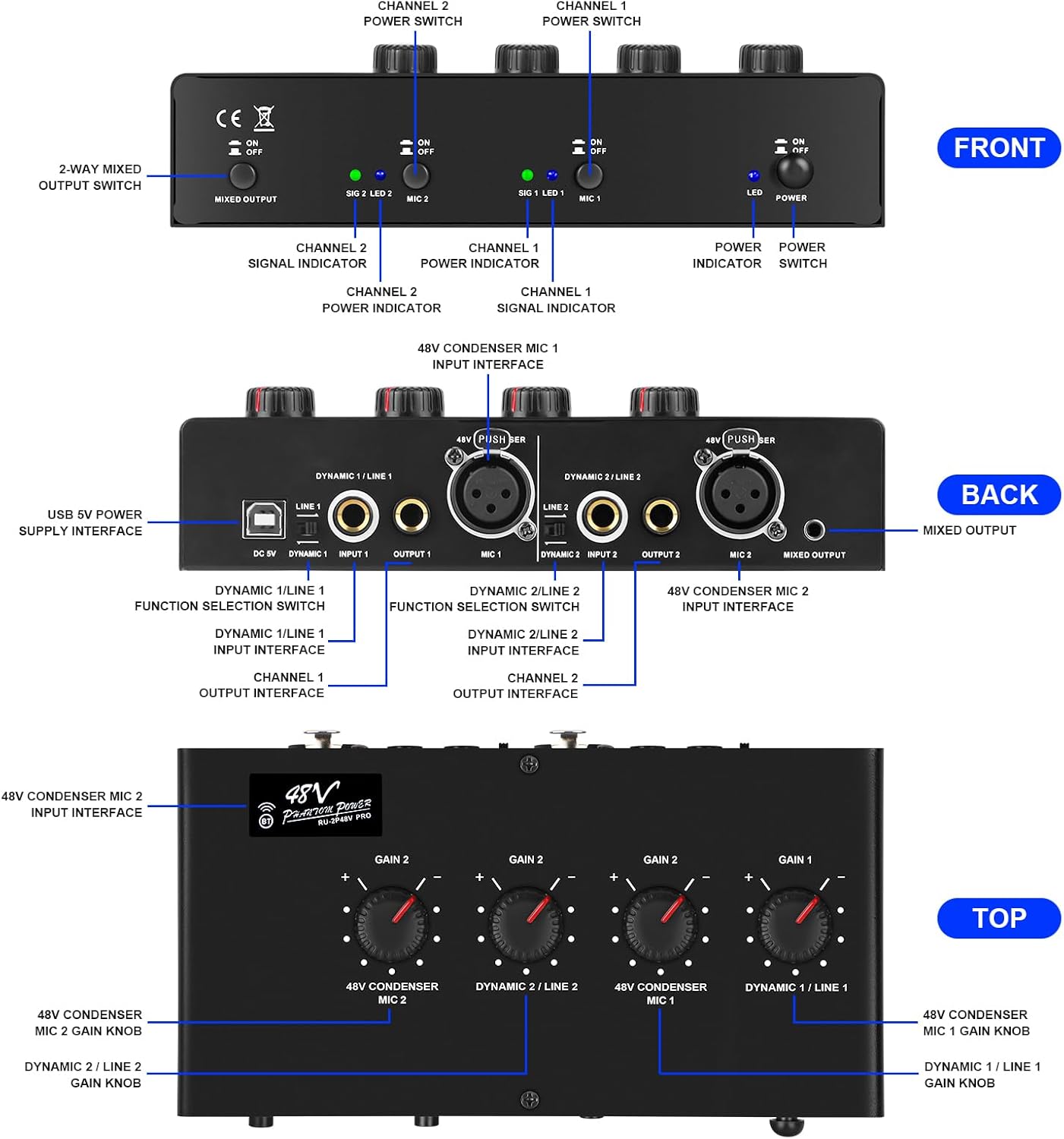 Microphone Preamp Mic Booster 4 Input Max 25db DI Box with 48V Phantom Power for Dynamic and Condenser Mic (MC02)